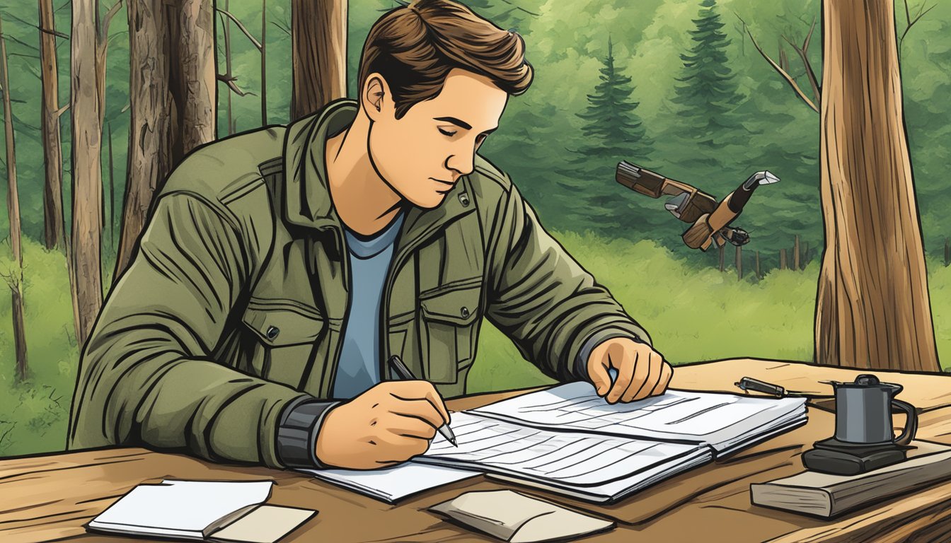 A person completing a hunter education course, filling out hunting license paperwork in West Virginia