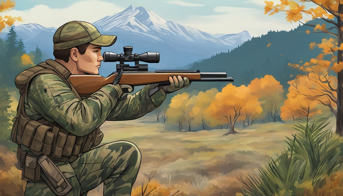 A hunter in camouflage gear stands in a wooded area, aiming a rifle at a distant target. Surrounding him are trees and shrubs, with a mountainous landscape in the background