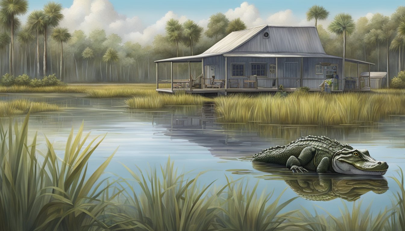 A Florida wetland with a gator lurking near a hunting outfitters shop