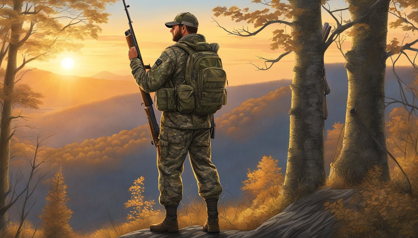 A hunter in camouflage gear stands in the woods, rifle in hand, as the sun sets behind the rolling hills of the Beaverkill Valley