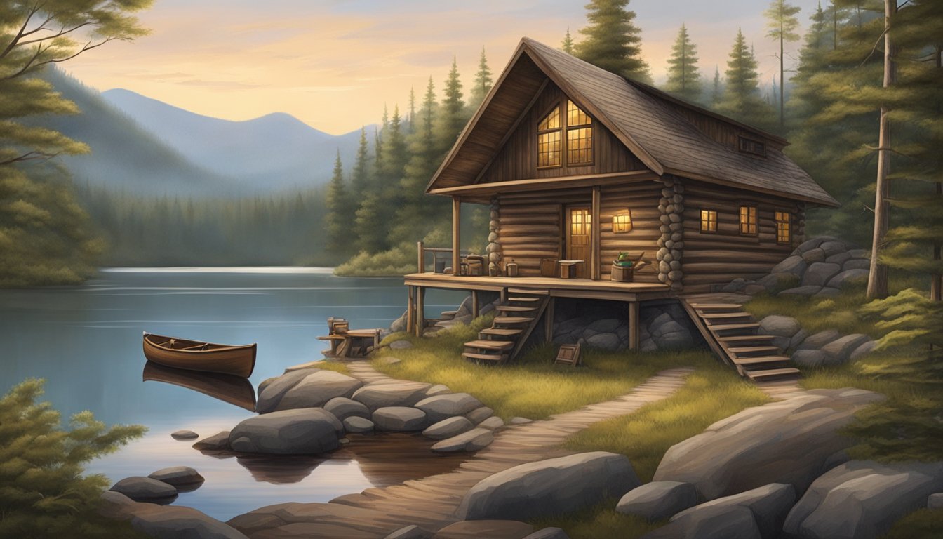 A rustic cabin nestled in the Adirondack Mountains, surrounded by dense forest and a serene lake. A hunter's gear and supplies are neatly organized outside the cabin