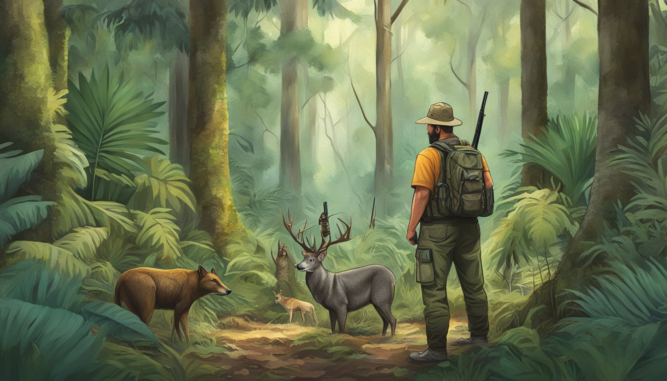 A hunter standing in a lush Florida forest, examining various hunting gear and equipment laid out by different outfitters