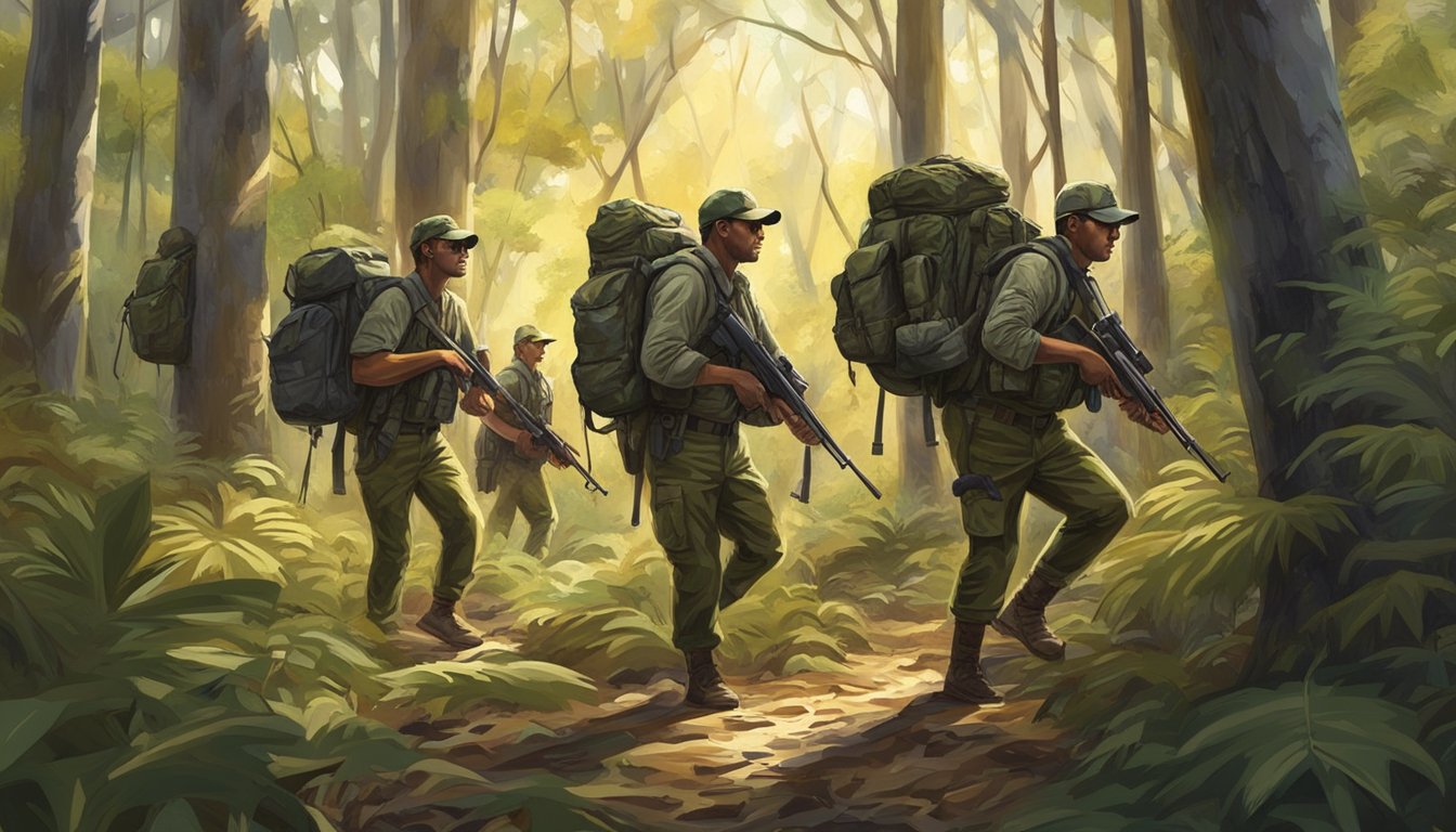 A group of hunters in camouflage gear trek through a dense Florida forest, carrying rifles and backpacks. The sun filters through the trees, casting dappled shadows on the forest floor