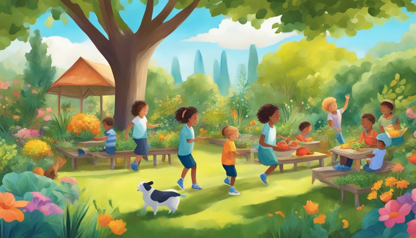 Children playing in a vibrant garden, surrounded by diverse plants and animals. A group engaged in art therapy under a large tree, while another group tends to a vegetable garden