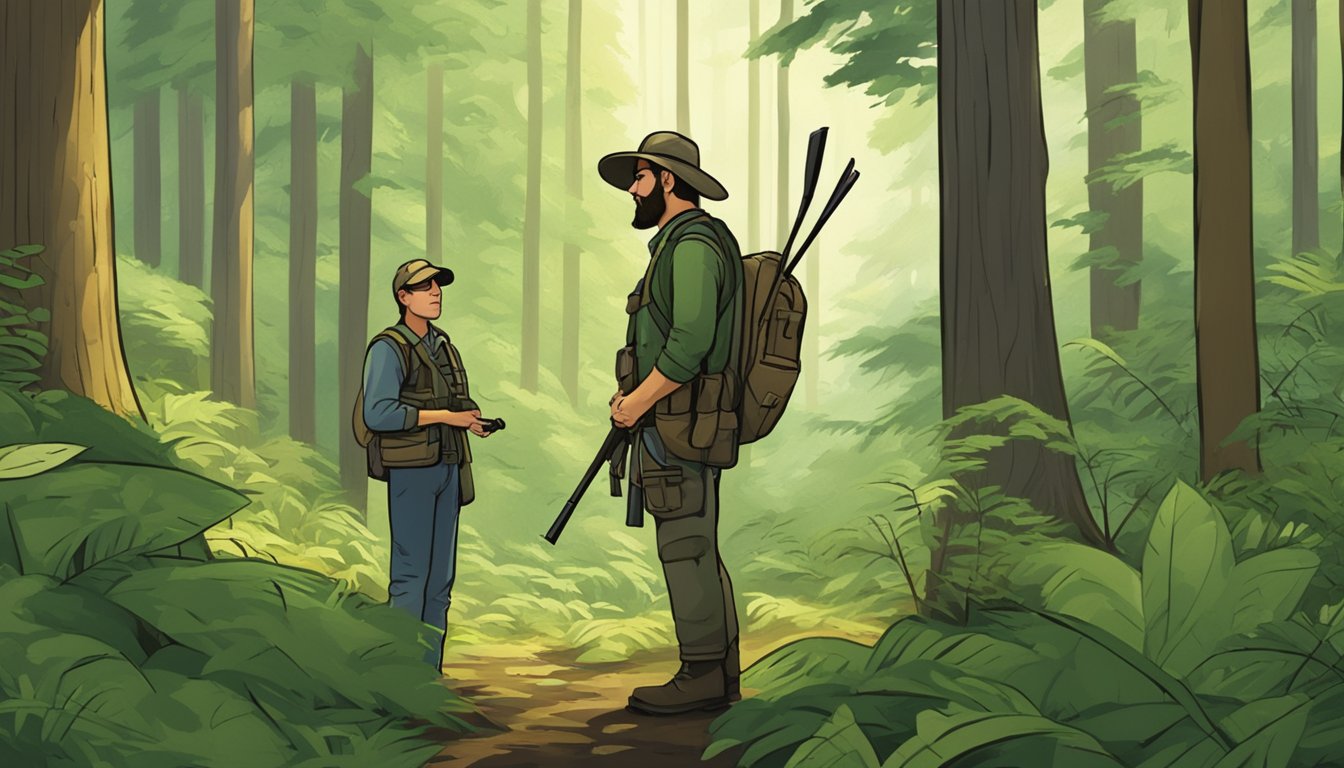 A hunter standing in a lush forest, surrounded by tall trees and wildlife, while speaking with a knowledgeable outfitter in New York