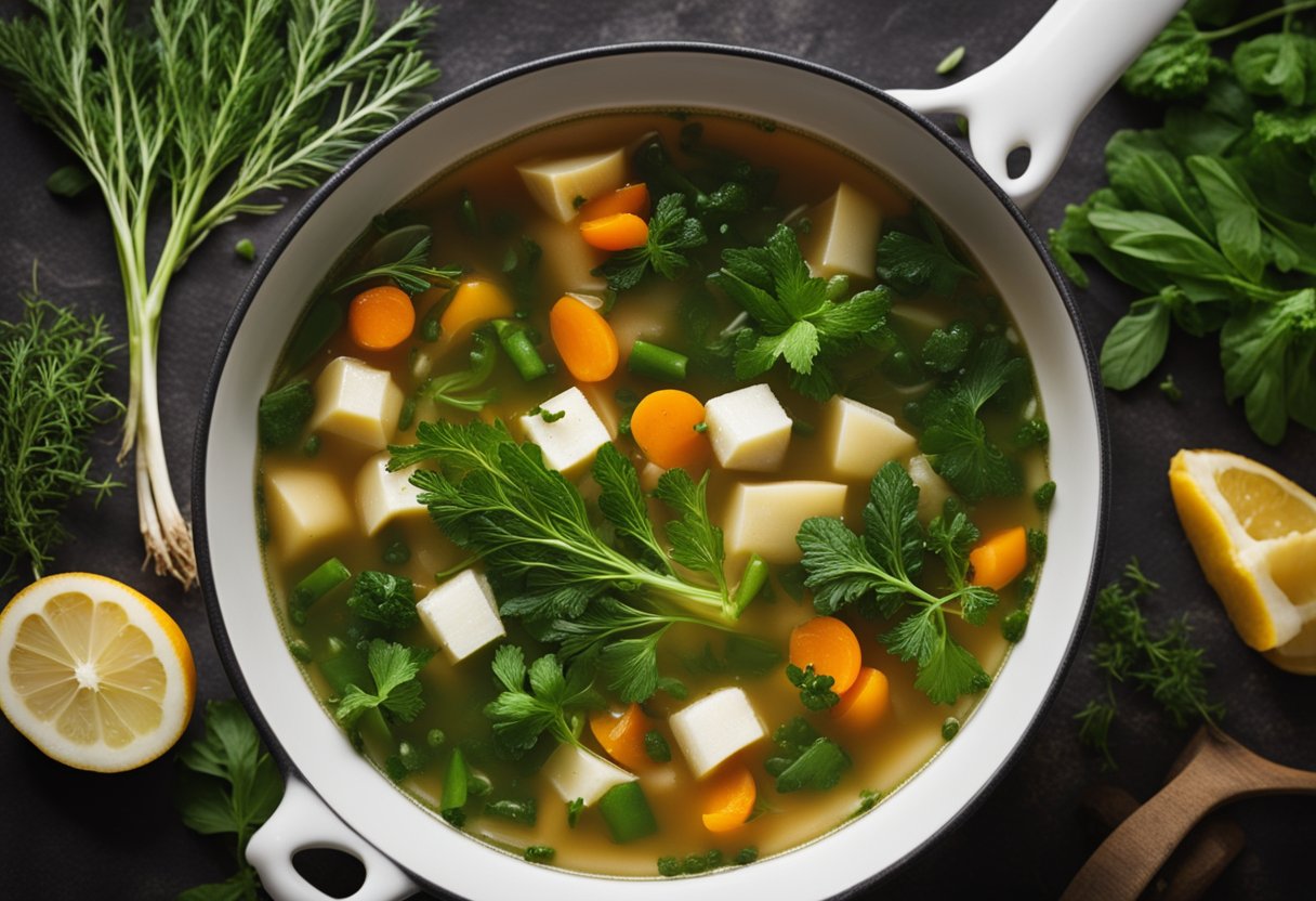 Uma panela fervente de caldo caseiro com vegetais e ervas, emanando um aroma rico e reconfortante.