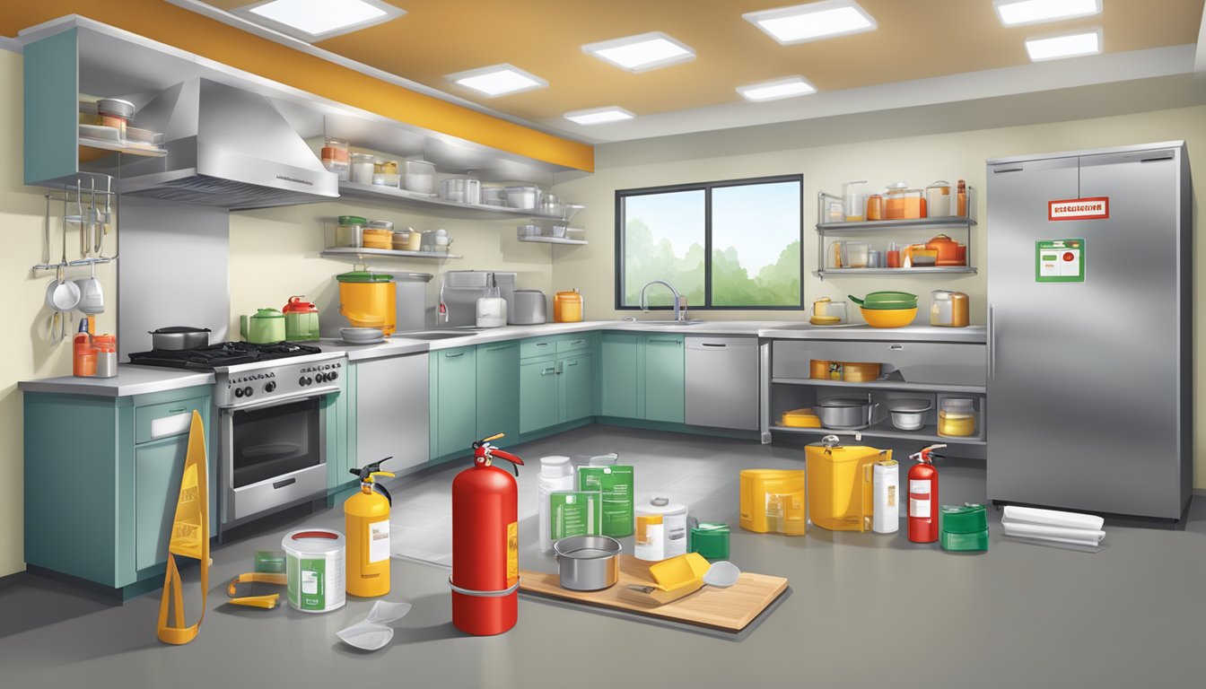 A kitchen with safety equipment and guidelines displayed prominently. Clear labels on first aid supplies and fire extinguisher