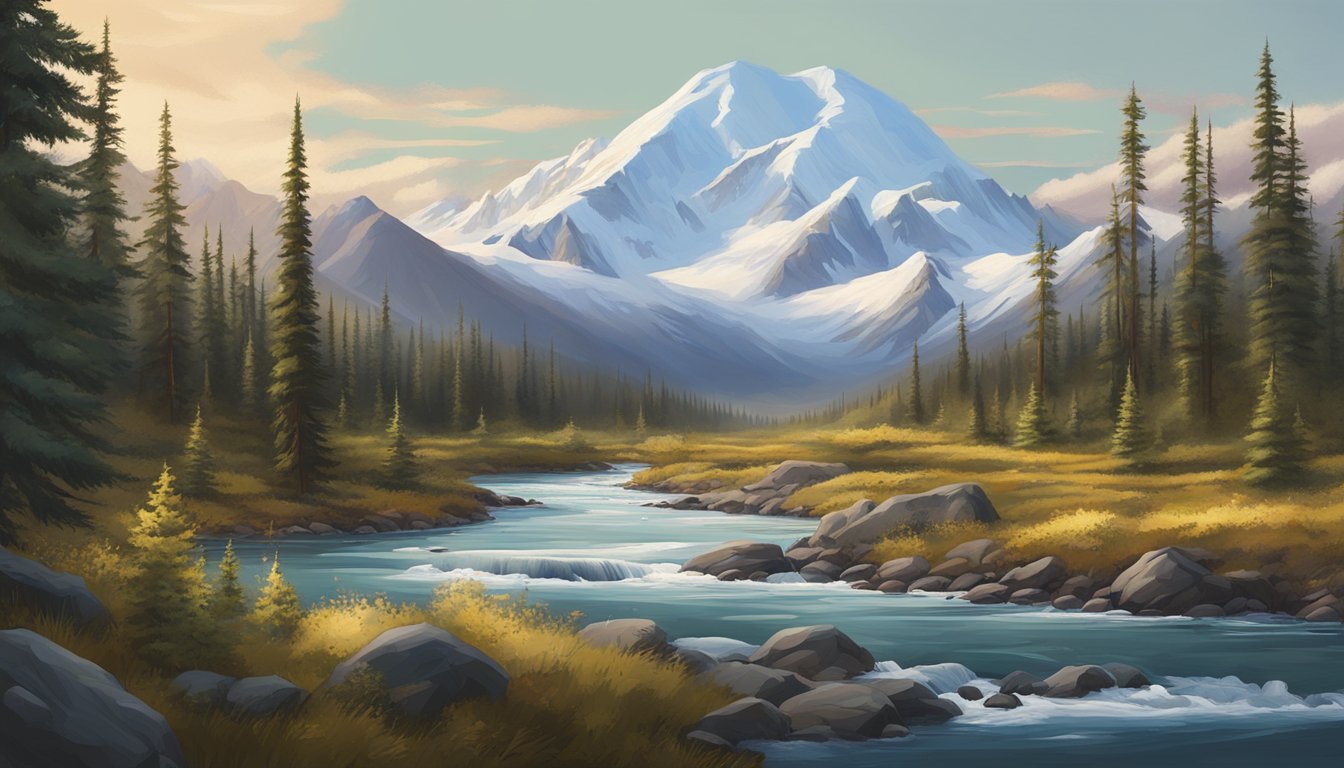 A vast Alaskan wilderness with snow-capped mountains, dense forests, and a flowing river, showcasing the ideal setting for hunting with Denali Hunt Leia Outfitters