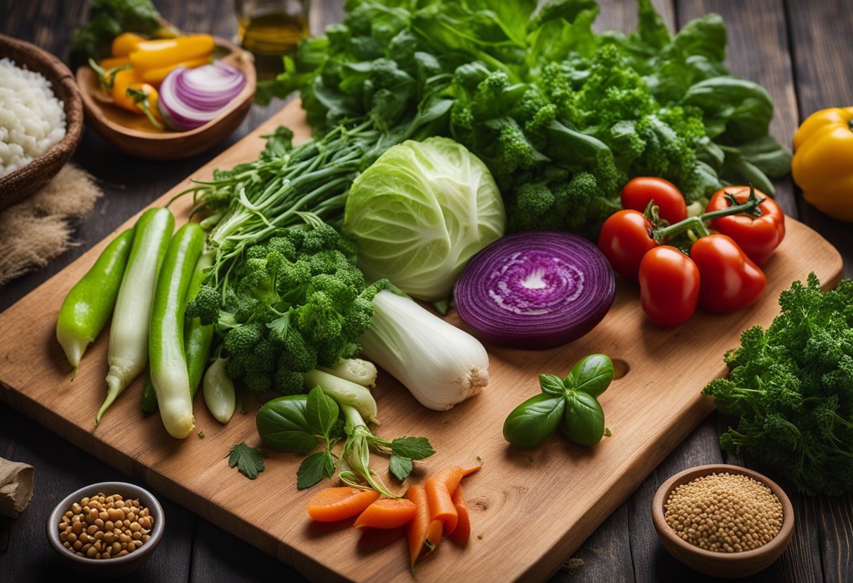 Uma coleção de vegetais frescos e vibrantes, e ervas aromáticas dispostas sobre uma tábua de madeira, prontas para serem transformadas em caldos e sopas caseiras.