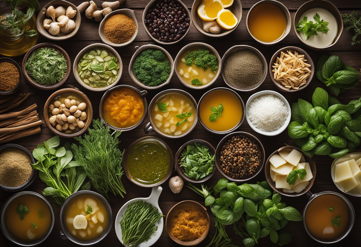 Uma variedade de caldos caseiros cozinhando em panelas em um fogão de cozinha rústico, cercados por ervas frescas, vegetais e especiarias.