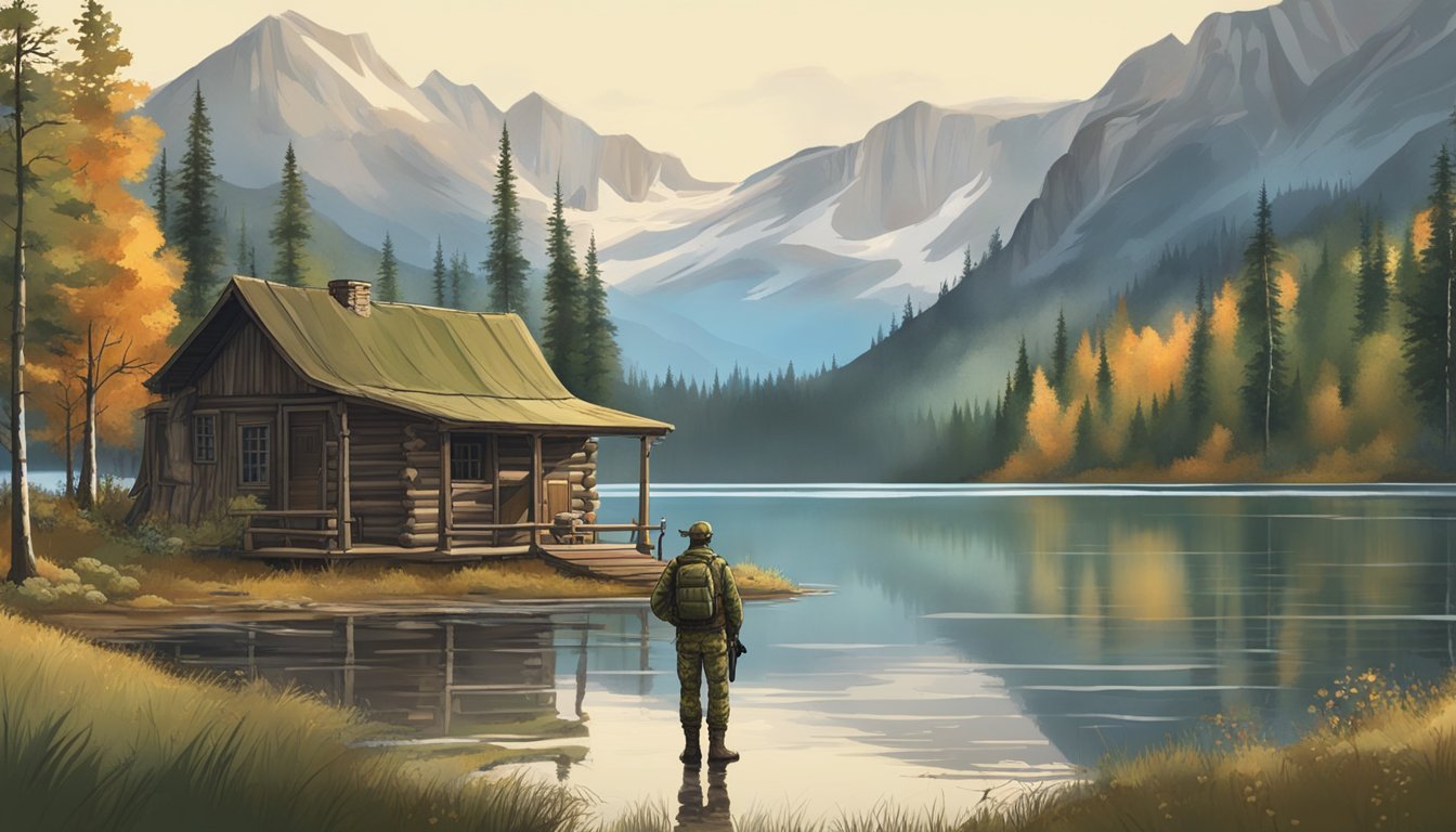 A hunter in camouflage gear stands by a rustic cabin at the edge of a tranquil lake, surrounded by towering mountains and dense forests