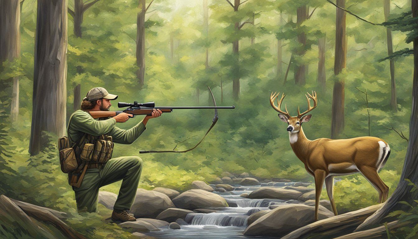 A hunter aiming a rifle at a deer in the lush woods of Shawnee Ridge Hunting outfitters, Ohio