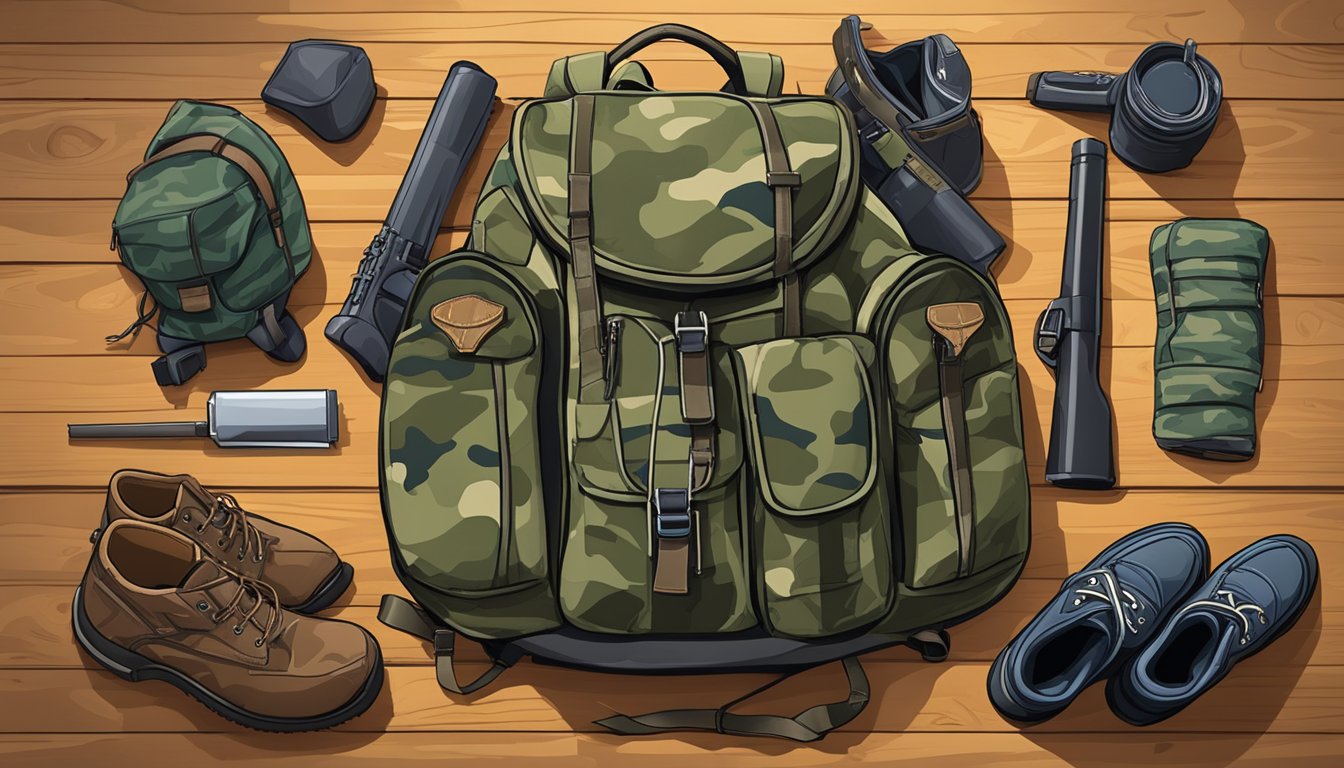 A rugged backpack, sturdy boots, a rifle, and a camouflage jacket laid out on a wooden table, ready for an Alaska hunting trip