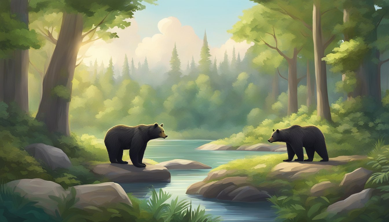 A tranquil forest clearing with two bear statues, surrounded by lush greenery and a serene river in the background