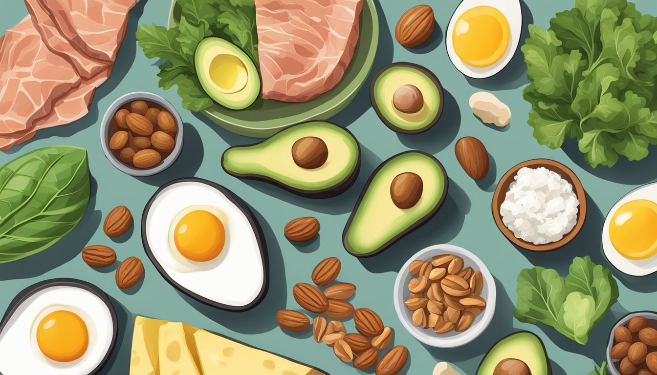 A table with a variety of keto-friendly foods: eggs, avocado, nuts, leafy greens, and lean meats