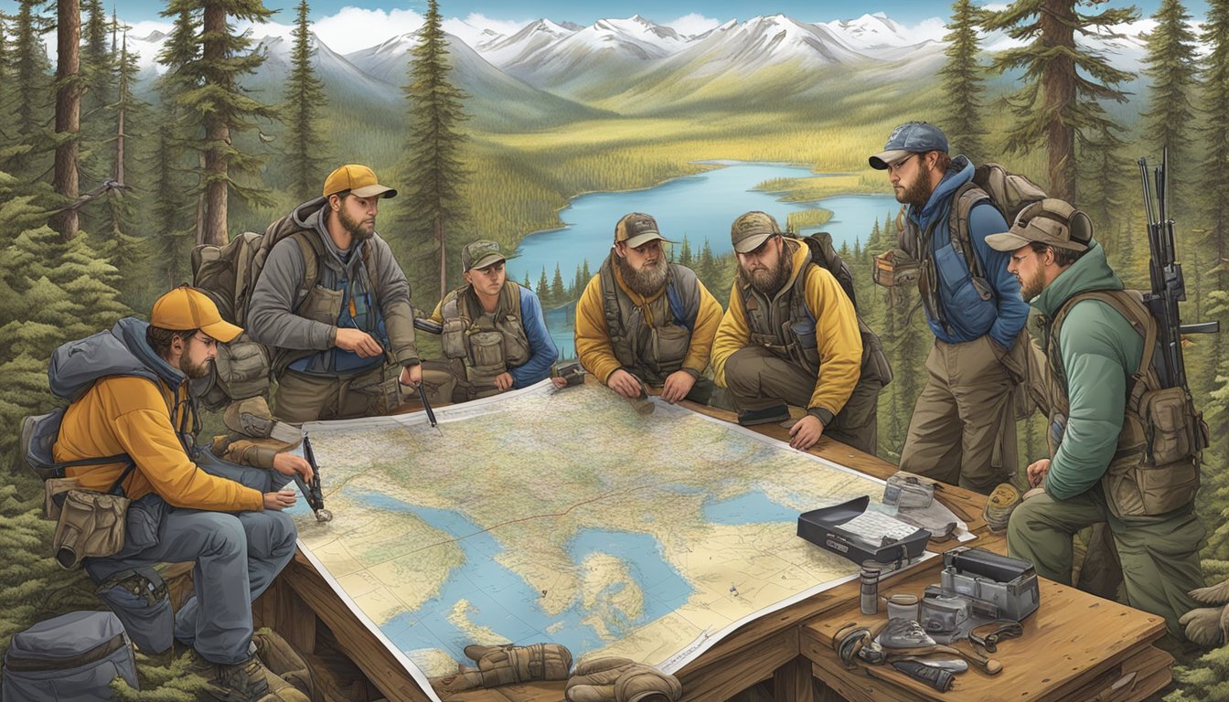 A group of hunters consulting a large map of Alaska's hunting regulations while surrounded by gear and equipment