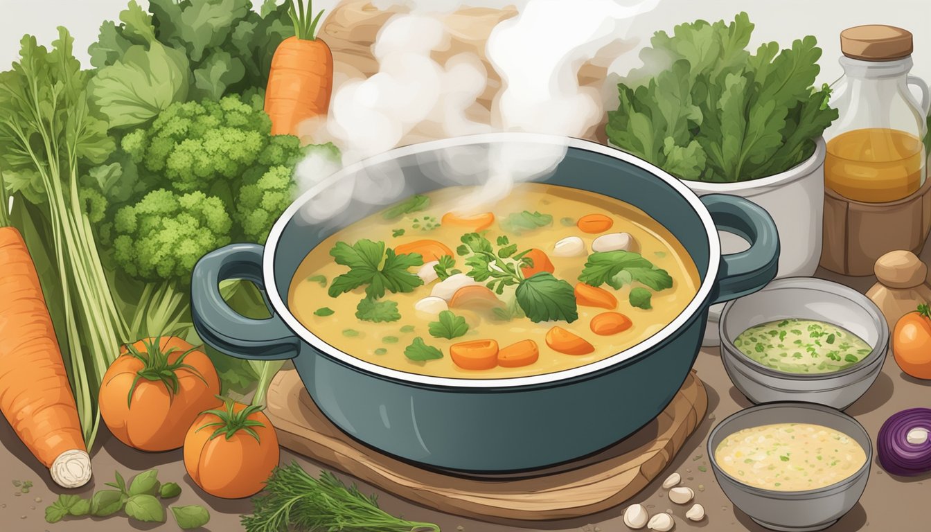 A steaming pot of homemade soup surrounded by fresh vegetables and herbs, with a stack of instant soup mix packets pushed to the side