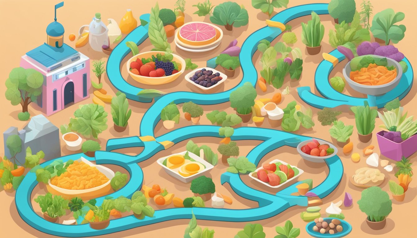 A colorful maze with a clear path leading to a plate of keto-friendly foods, surrounded by various low-carb ingredients and a guidebook