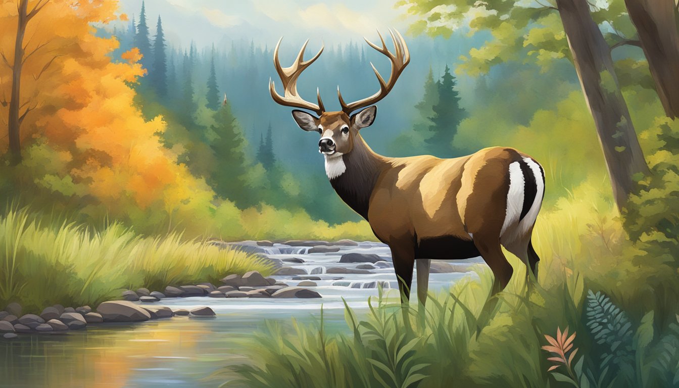 A majestic buck stands in a lush forest clearing, surrounded by vibrant foliage and a tranquil stream at Heartland Wildlife Ranches