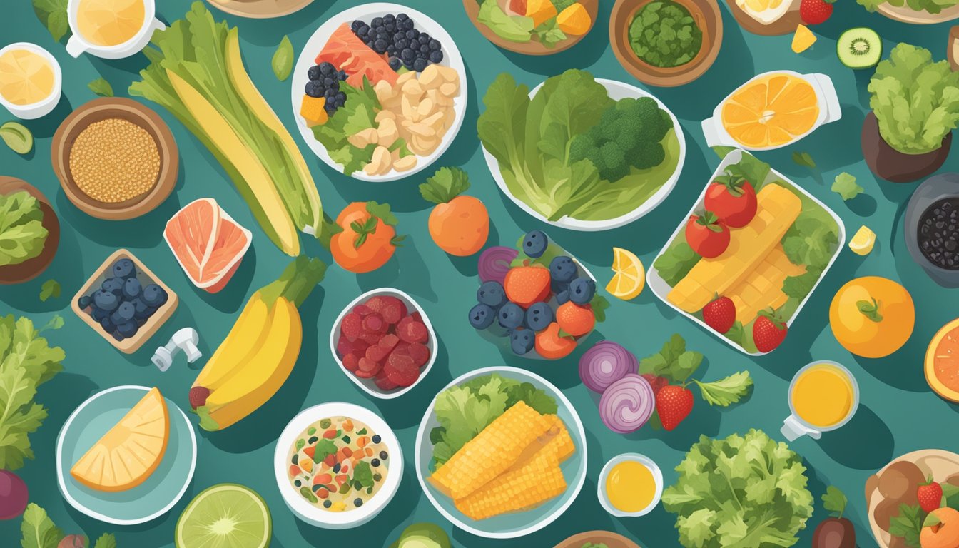 A table filled with a variety of nutrient-dense foods, surrounded by exercise equipment and a person engaging in physical activity