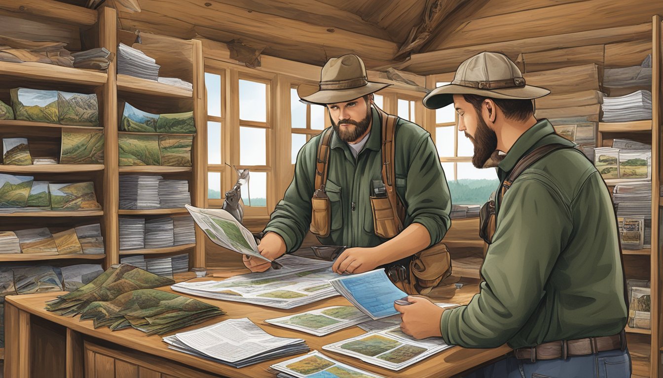 A hunter examining a variety of outfitter brochures, surrounded by hunting gear and maps of Ohio