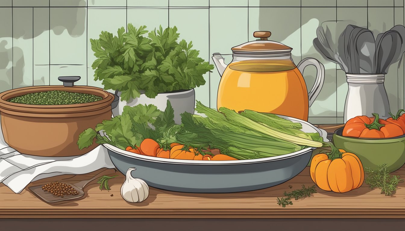 A kitchen counter with fresh vegetables, herbs, and spices arranged next to a pot of simmering homemade soup