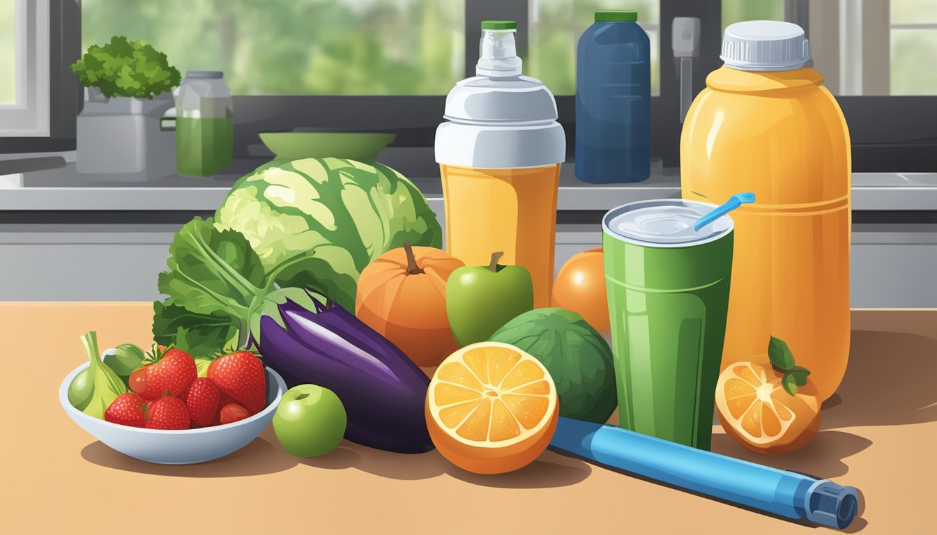 A variety of fruits and vegetables, a water bottle, and a sports drink on a kitchen counter