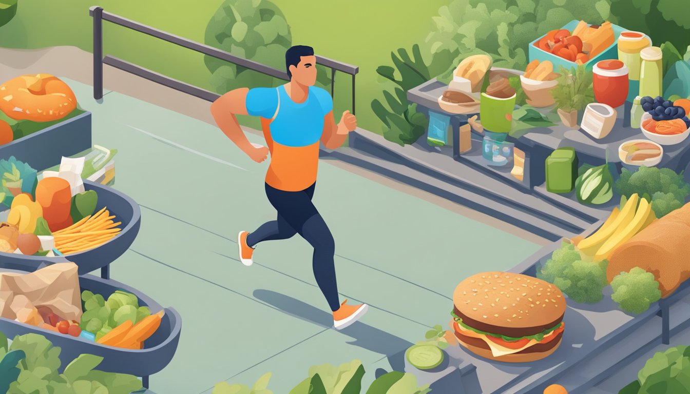 A person jogging on a path surrounded by low-carb food options and exercise equipment