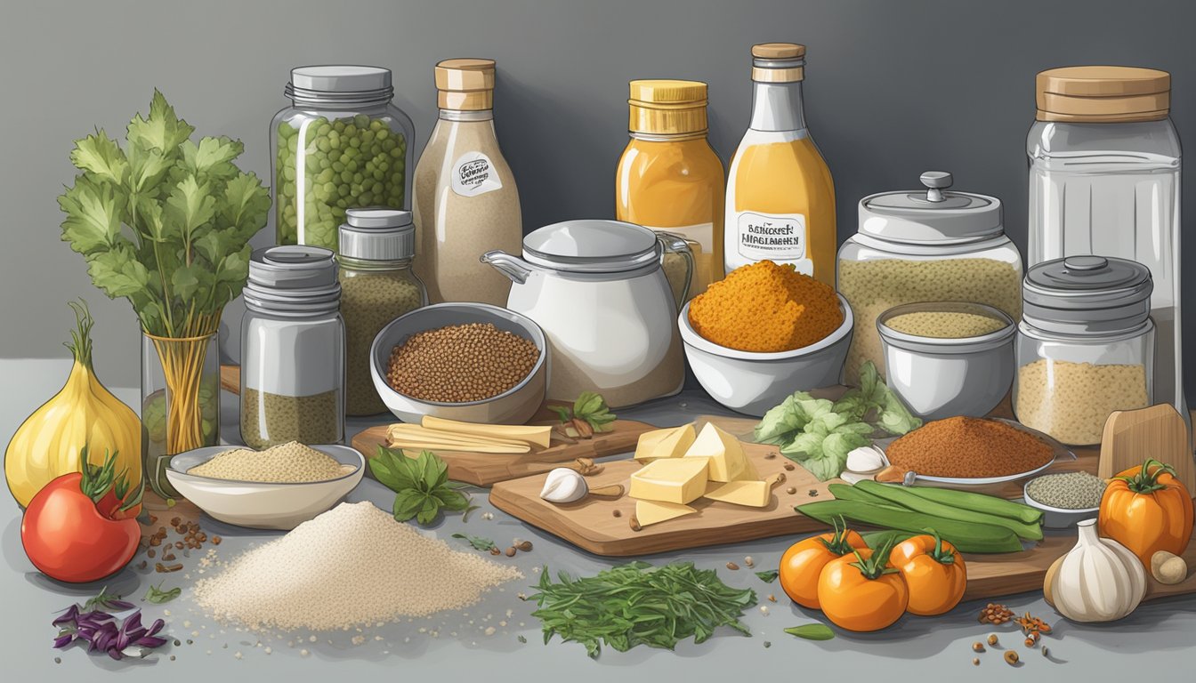 A cluttered kitchen counter with various fresh ingredients and spices, next to a discarded instant soup mix box