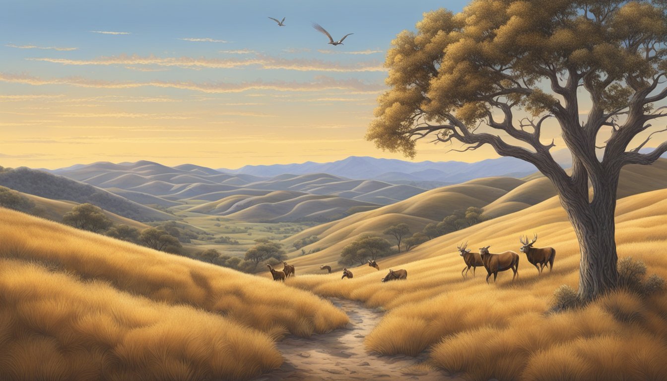 A vast expanse of rolling hills and golden grasses, dotted with oak trees and teeming with wildlife, at Tejon Ranch, California's premier hunting outfitters