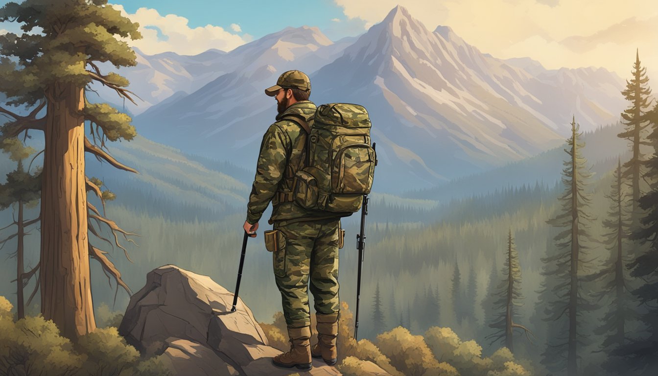 A hunter in camouflage gear stands in a vast California wilderness, surrounded by towering trees and rugged mountains. The Diamond C Outfitters logo is prominently displayed on the hunter's gear