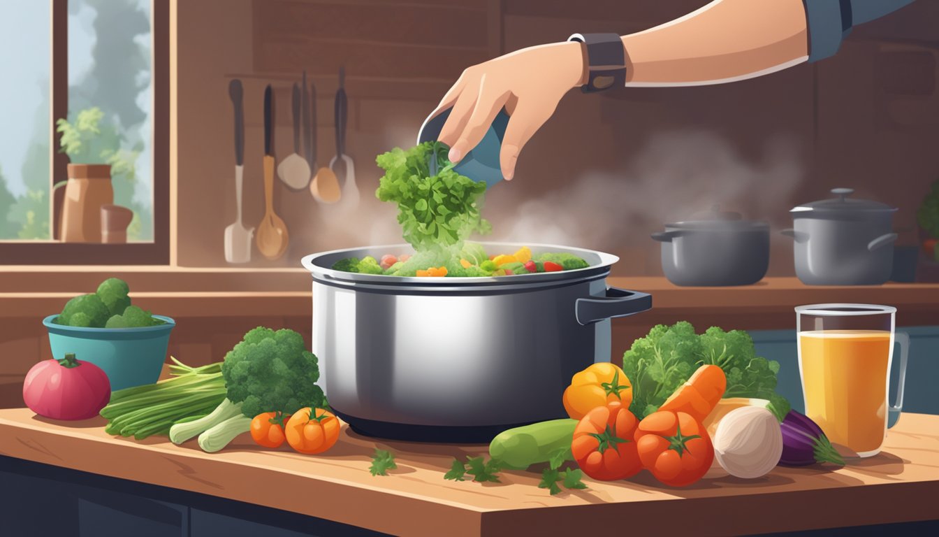 A person pouring fresh, colorful vegetables and aromatic herbs into a pot of simmering broth, with steam rising and a cozy kitchen in the background