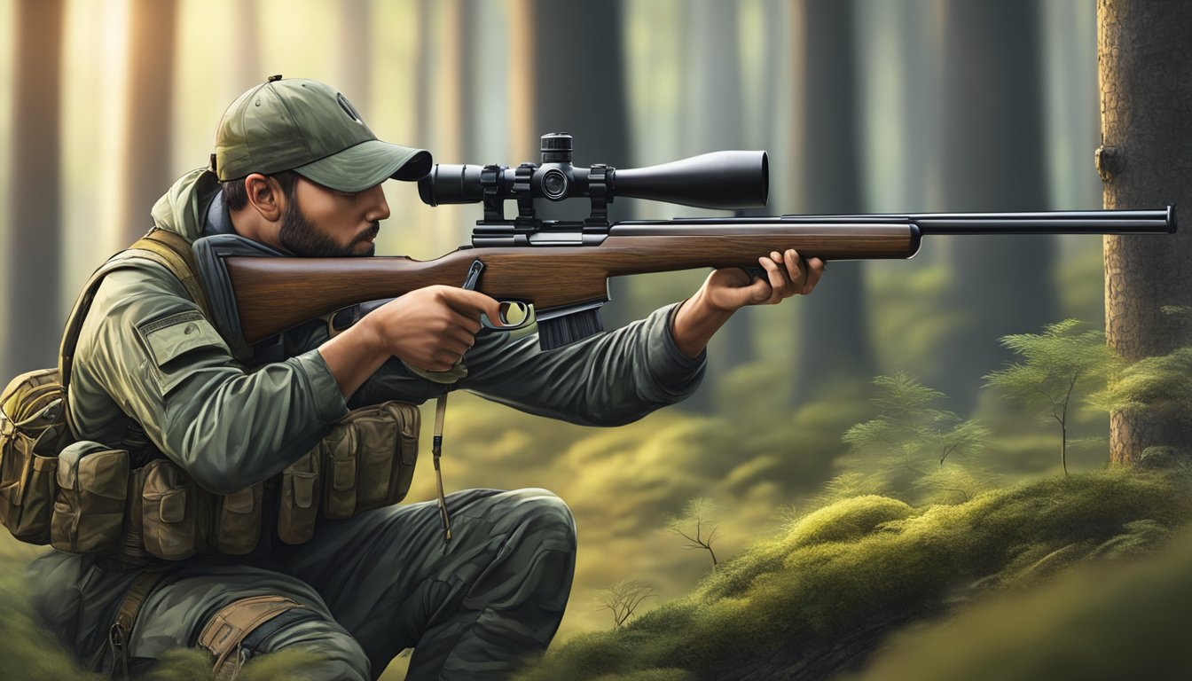 A hunter in camouflage gear aiming a rifle in a forest clearing with a guide pointing out a target