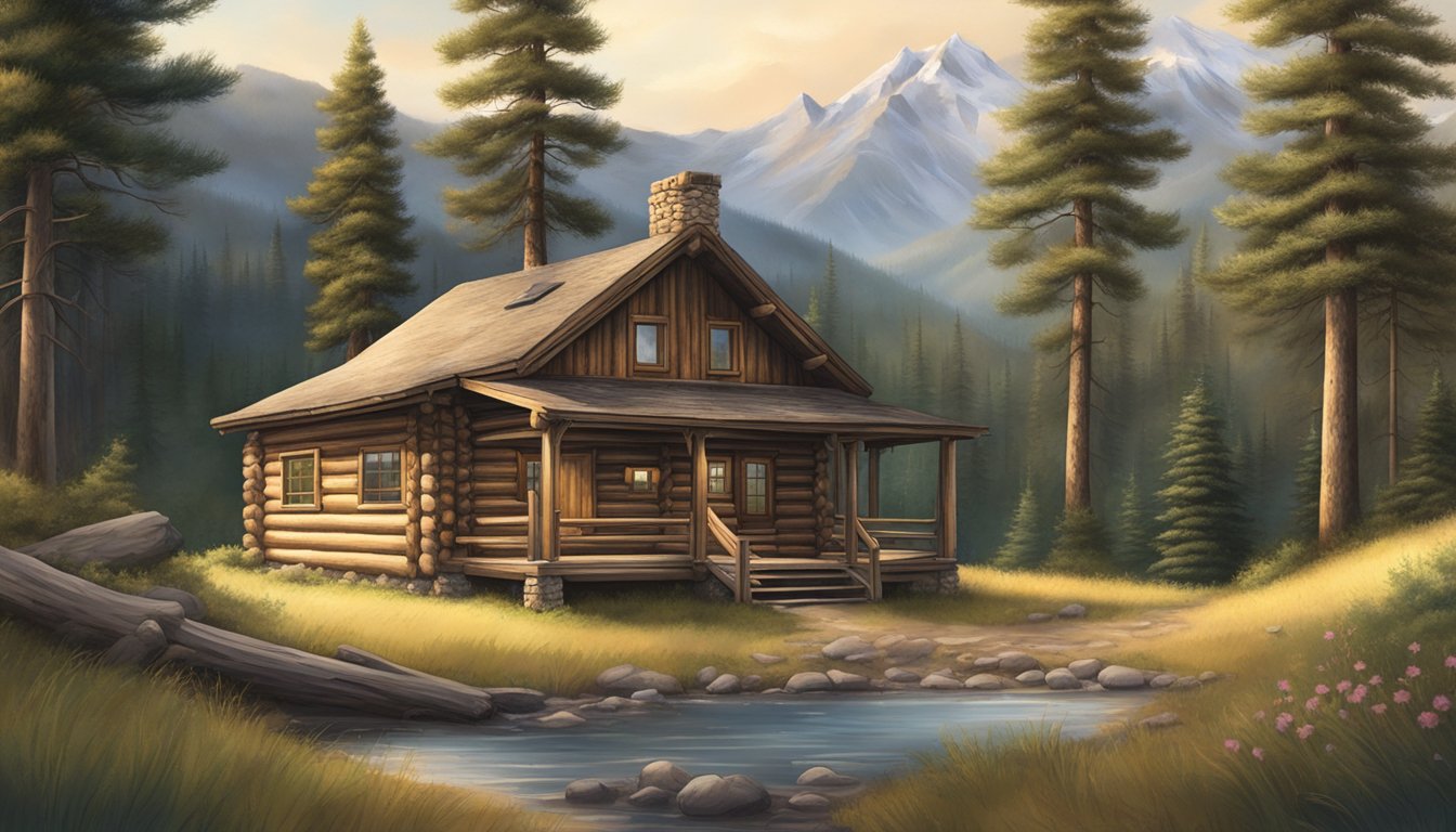 A rustic log cabin nestled in the Idaho wilderness, surrounded by towering pine trees and a serene mountain backdrop