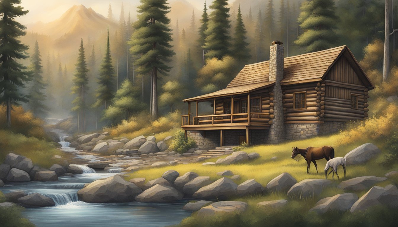 A rustic cabin nestled in the mountains, surrounded by dense forest and a tranquil stream. A group of hunters gear up for an adventure at Hideaway Ranch