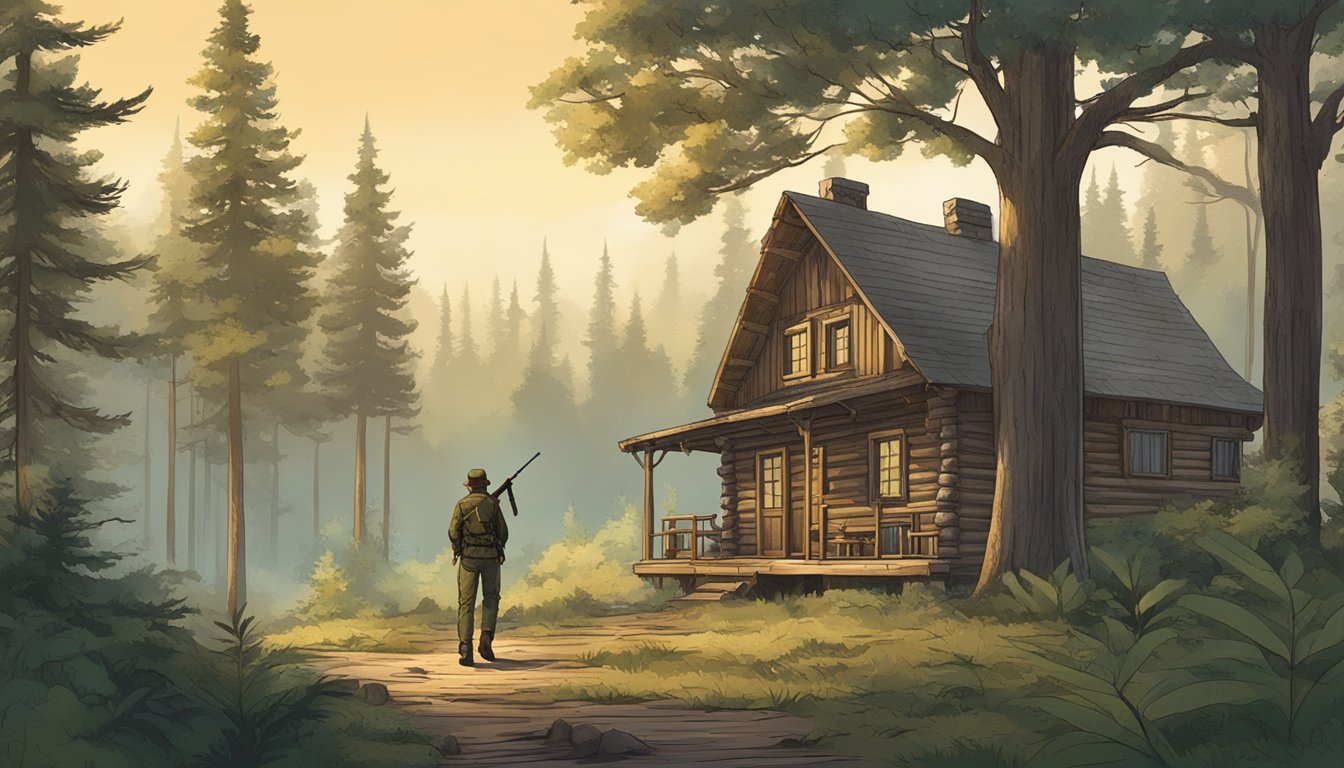 A hunter walking through a dense forest, rifle in hand, with a rustic lodge in the background nestled among the towering trees