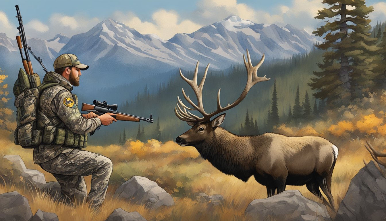 A hunter in camouflage gear aims a rifle at a majestic elk in the rugged Idaho wilderness, with Castle Creek Outfitters' logo visible on their gear