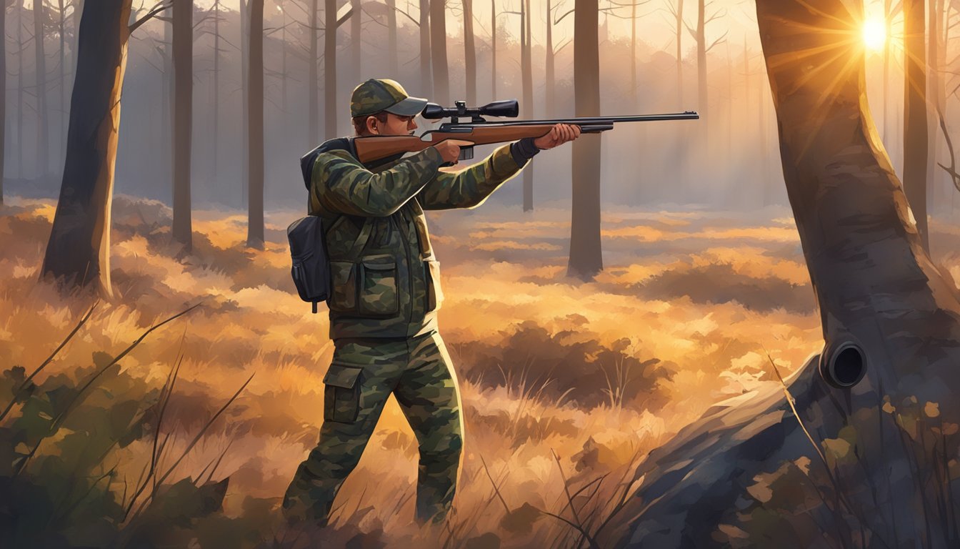 A hunter in camouflage gear standing in a wooded area, aiming a rifle at a distant target. The sun is setting, casting a warm glow over the landscape