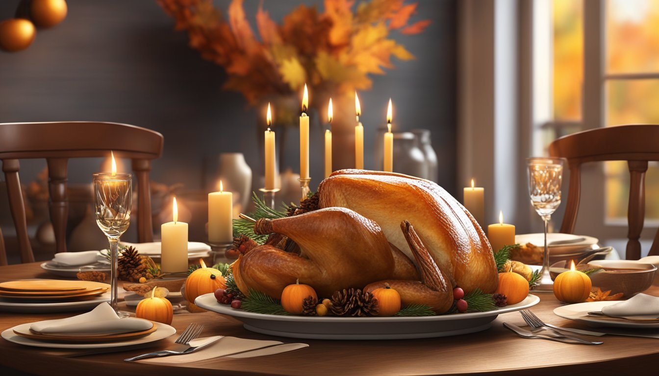 A warm, candlelit dining table set for four, with a roasted turkey as the centerpiece, surrounded by autumnal decorations and a fire crackling in the background