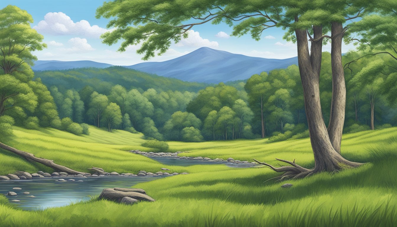 A serene mountain meadow with lush green grass, surrounded by towering trees and a clear blue sky, showcasing the ideal setting for hunting at Mountain Meadow Hunting Preserve in Pennsylvania