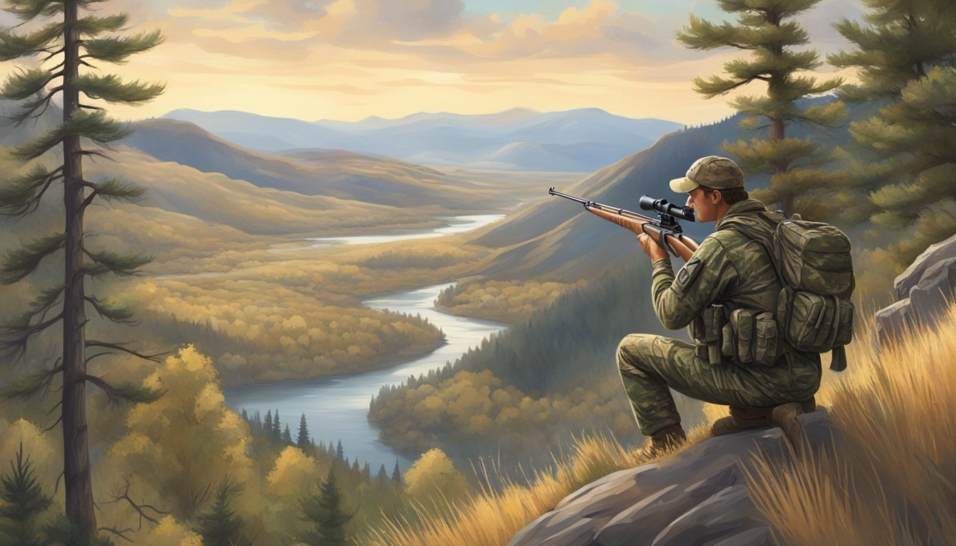 A vast, rugged landscape in Idaho, with rolling hills, dense forests, and a winding river. A hunter in camouflage gear stands with a rifle, scanning the horizon for game