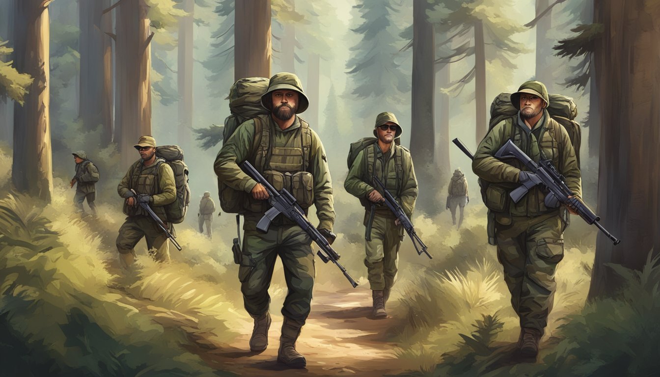 A group of hunters in camouflage gear, carrying rifles and backpacks, walking through a dense forest in California