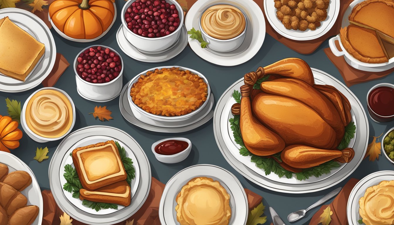 A cozy dining table set for four with a traditional Thanksgiving spread of turkey, stuffing, mashed potatoes, cranberry sauce, and pumpkin pie