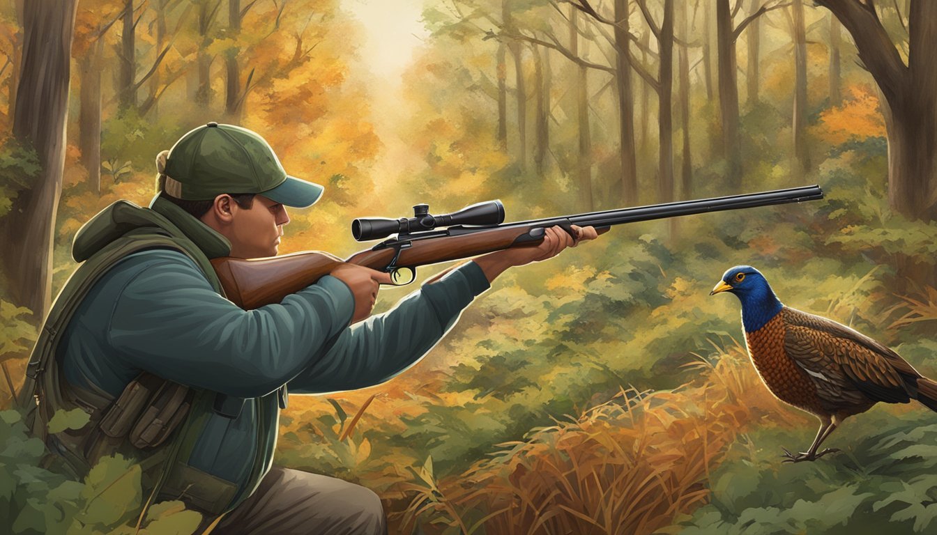 A hunter aiming a rifle at a pheasant in a lush, wooded hunting preserve in Pennsylvania