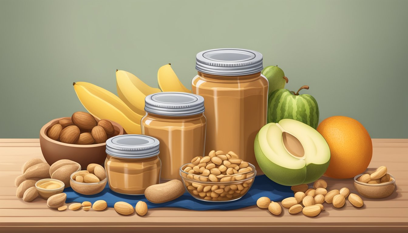 A jar of peanut butter surrounded by peanuts, sliced bread, and a variety of fruits and vegetables