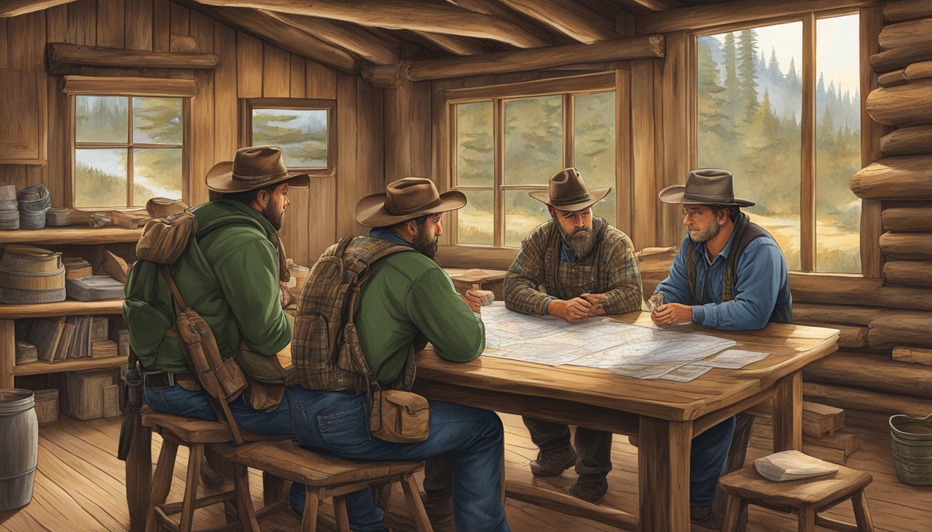 A group of hunters gather around a table, reviewing maps and discussing regulations with a guide in a rustic Idaho lodge