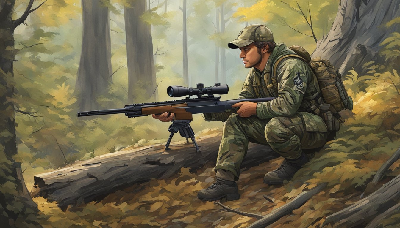 A hunter in camouflage gear crouches behind a fallen tree, rifle raised, scanning the dense forest of Allegheny Ridge