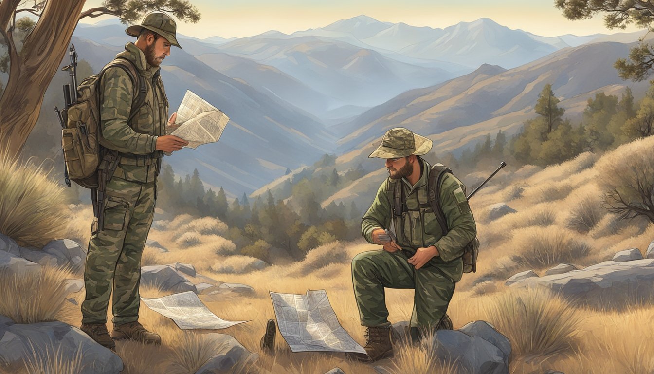 A hunter in camouflage gear stands beside a guide in a rugged California landscape, examining maps and discussing the best hunting outfitters