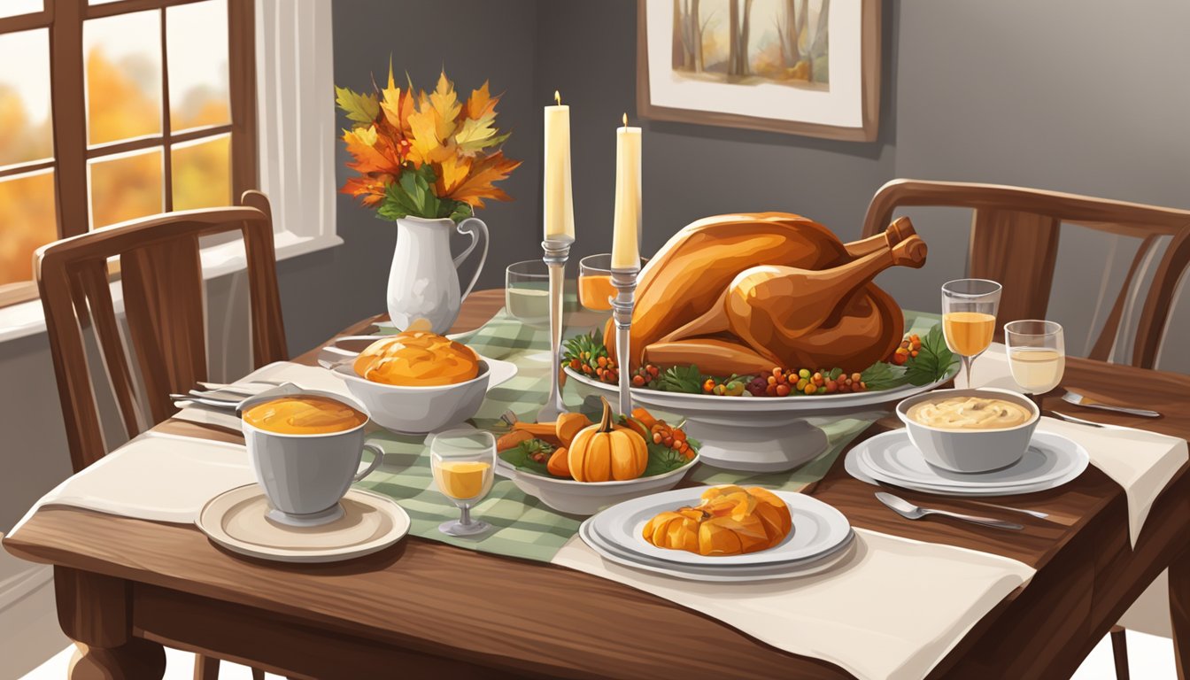 A cozy dining table set for four with a simple Thanksgiving meal and autumn decorations