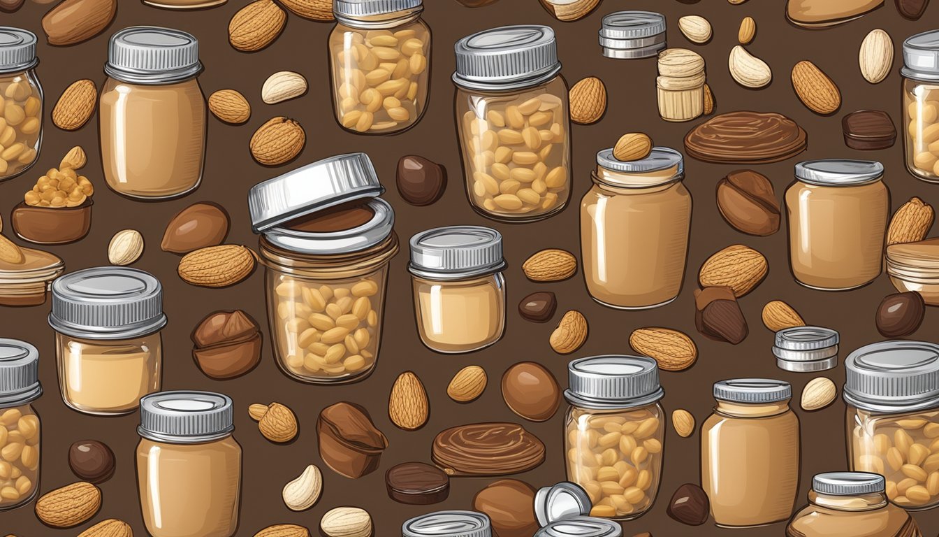 A variety of peanut butter jars and containers arranged in a festive display, surrounded by peanuts, chocolate, and other nuts